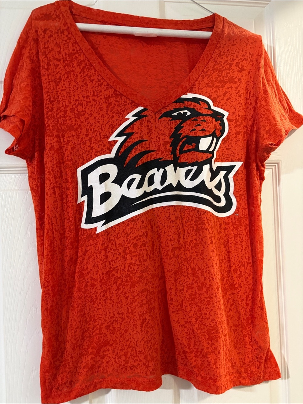 Women’s V-Neck Short Sleeve Tee in Orange with Beavers Logo medium